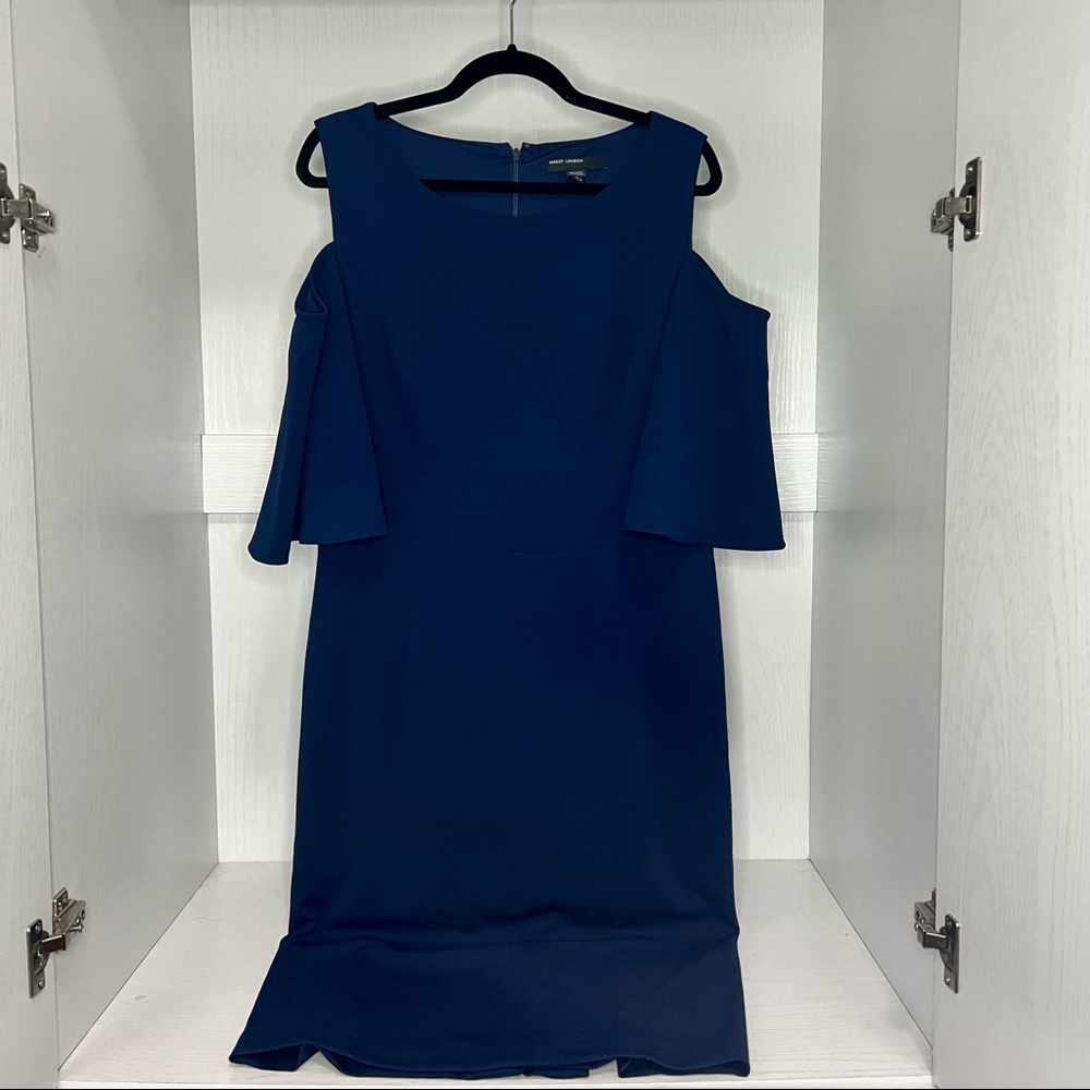 Navy blue dress with bell sleeves and cut out shoulders